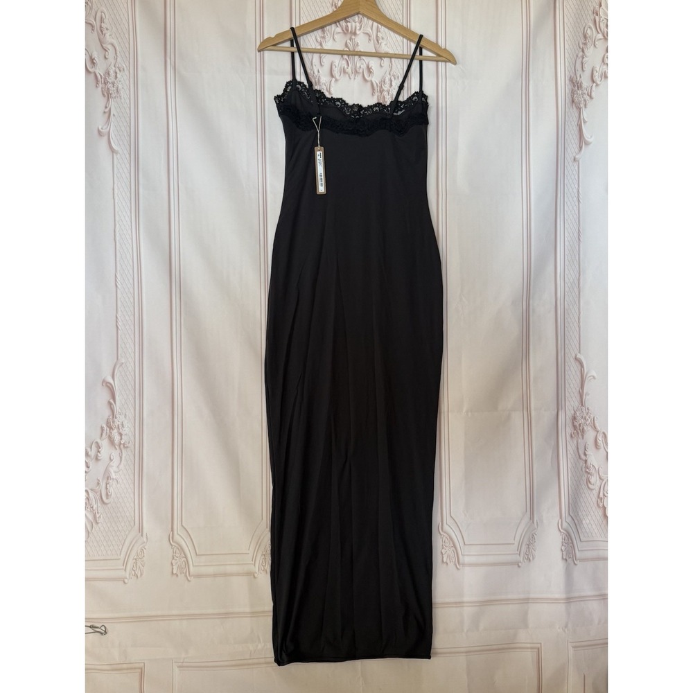 Skims Fits Everybody Lace Long Slip Dress Onyx Black Size Medium NWT $84 - Picture 4 of 7